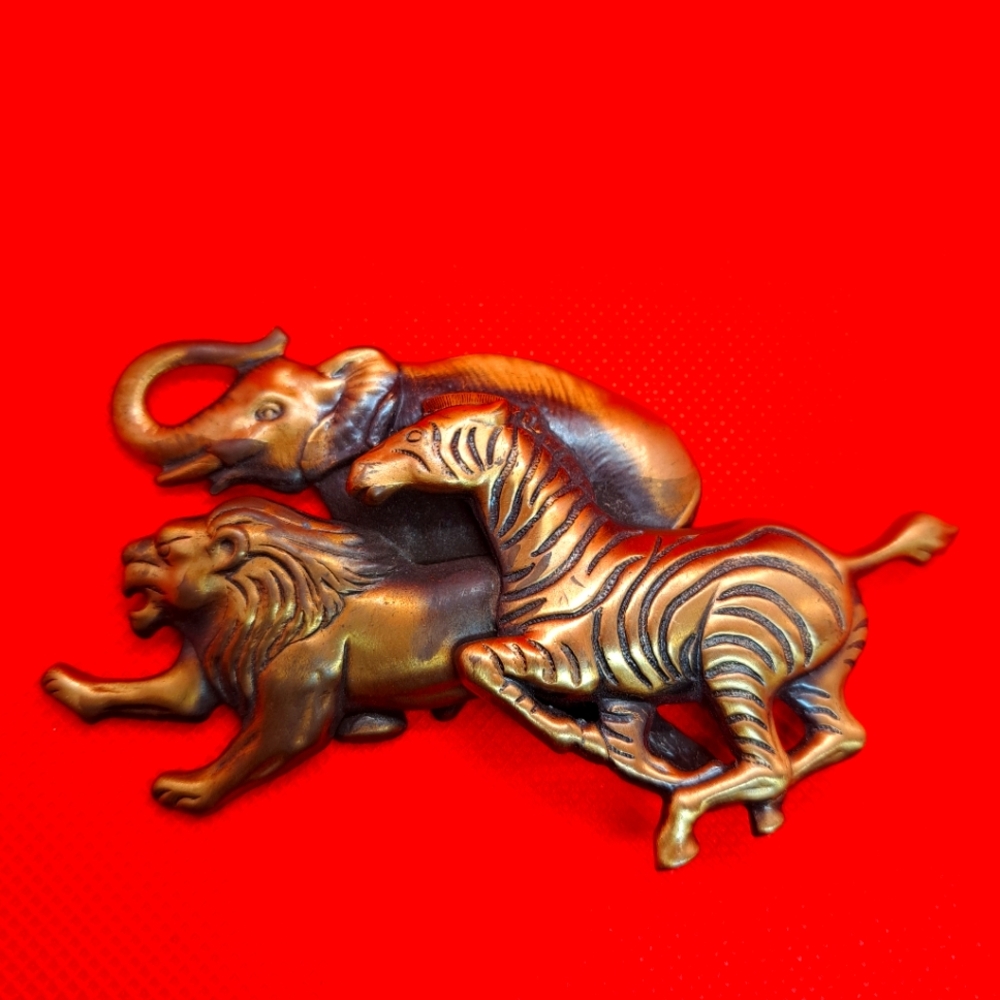 Vintage Huge Galloping Wild Animals Brooch Layered Design Elephant, Lion, Zebra